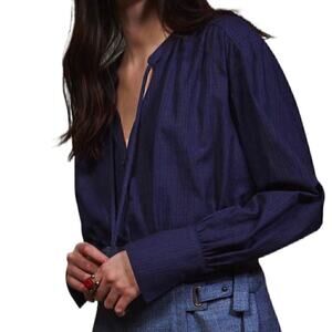 Where Mountains Meet Lightweight Lagenlook Relaxed Fit Pinstripe Navy Top Small